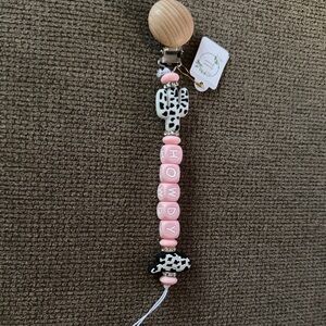 Pink Beaded Pacifier Clip with Cactus Design